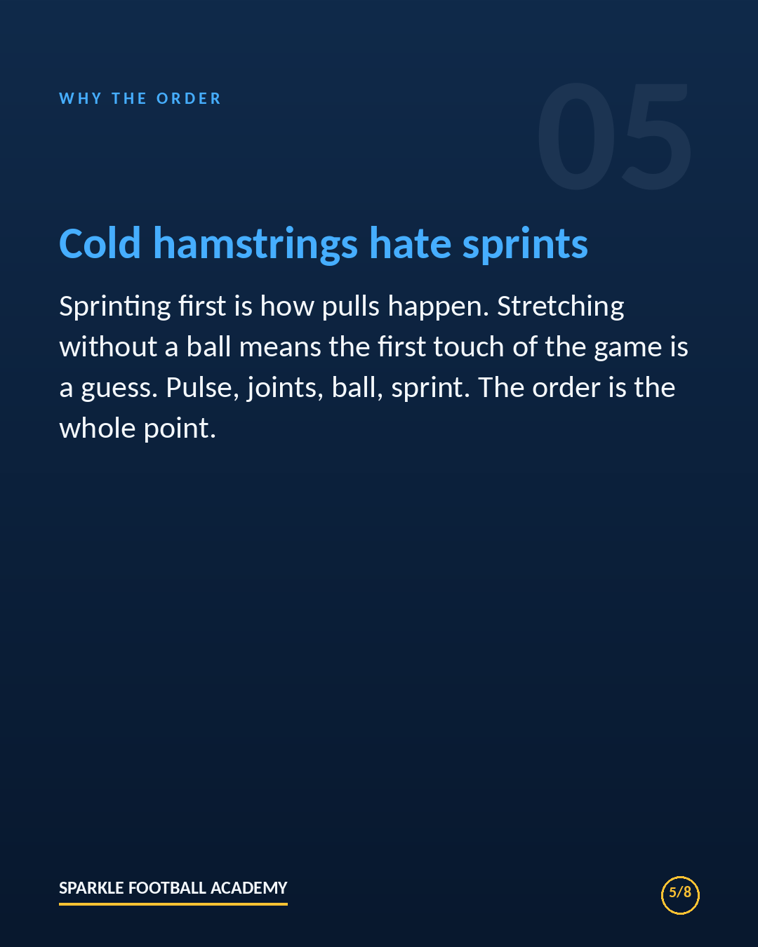 Why the order of a pre-match soccer warm-up matters: cold hamstrings hate sprints, and stretching without a ball means the first touch is a guess.